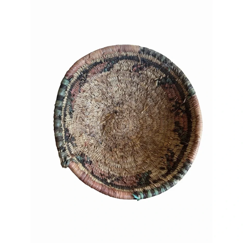 Hand Made Woven Bowl Natural Dyed Fiber Color Patten 11in/5in/5.5in Rustic Vtg